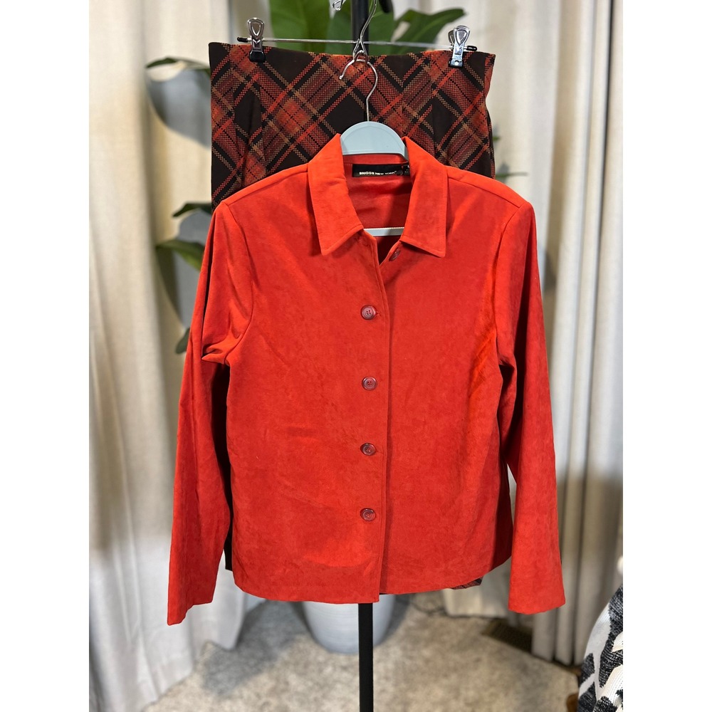 Briggs New York Orange Faux Suede Jacket and Plaid Midi Skirt Set Size M